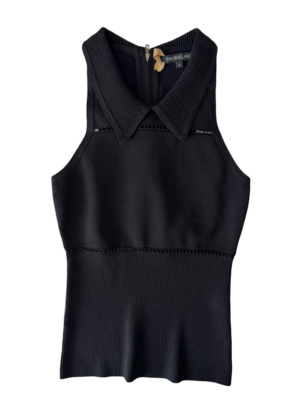 Timo Weiland Black Rib Knit Collared Sleeveless Top Medium Modern Minimalist